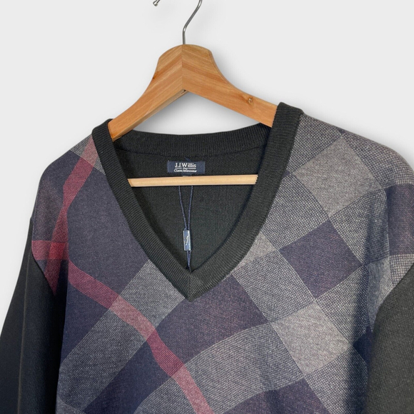 JJ WILLIS Argyle Print Sweater Men's XXL Black V-Neck Preppy Academia NWOT - Picture 2 of 9